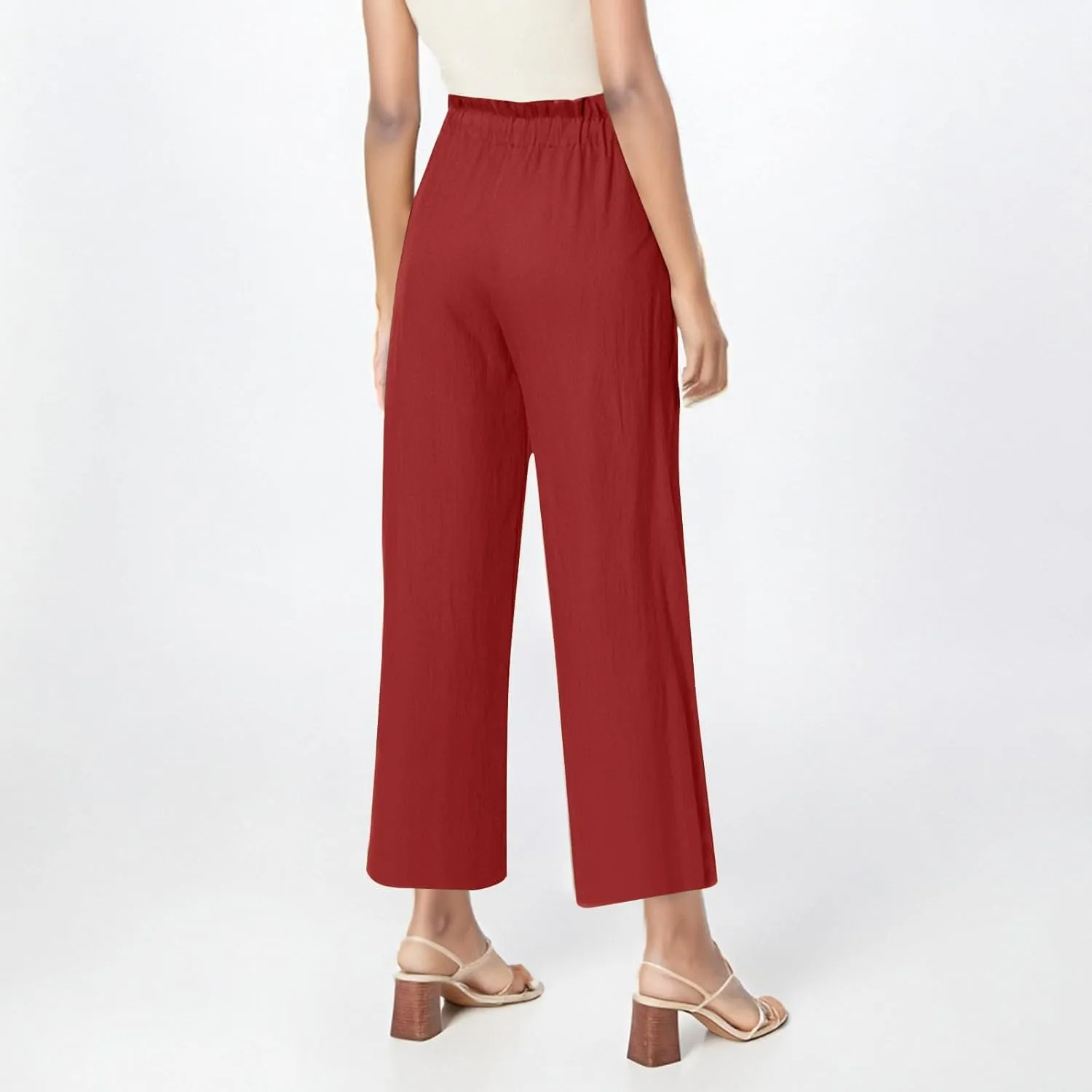 Summer Linen Pants for Women 2025 High Waist Elastic Straight Leg Palazzo Pant Lightweight Flowy Beach Trousers