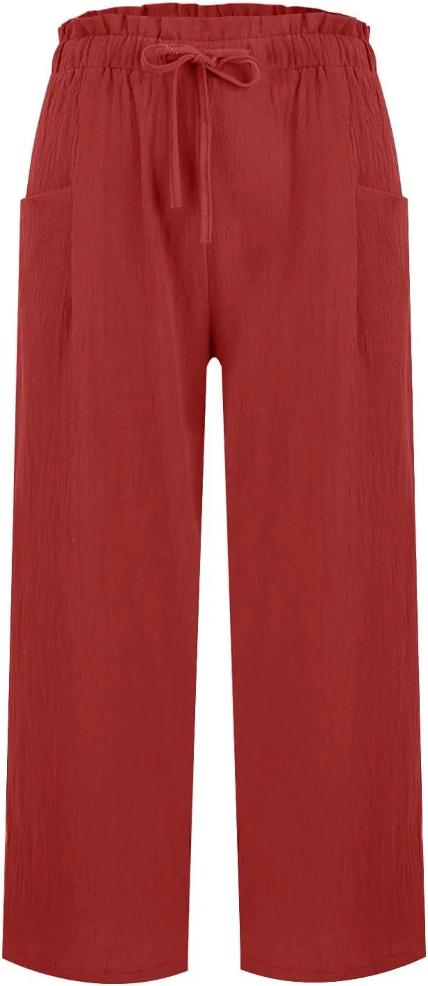 Summer Linen Pants for Women 2025 High Waist Elastic Straight Leg Palazzo Pant Lightweight Flowy Beach Trousers