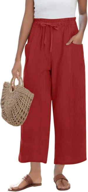 Summer Linen Pants for Women 2025 High Waist Elastic Straight Leg Palazzo Pant Lightweight Flowy Beach Trousers