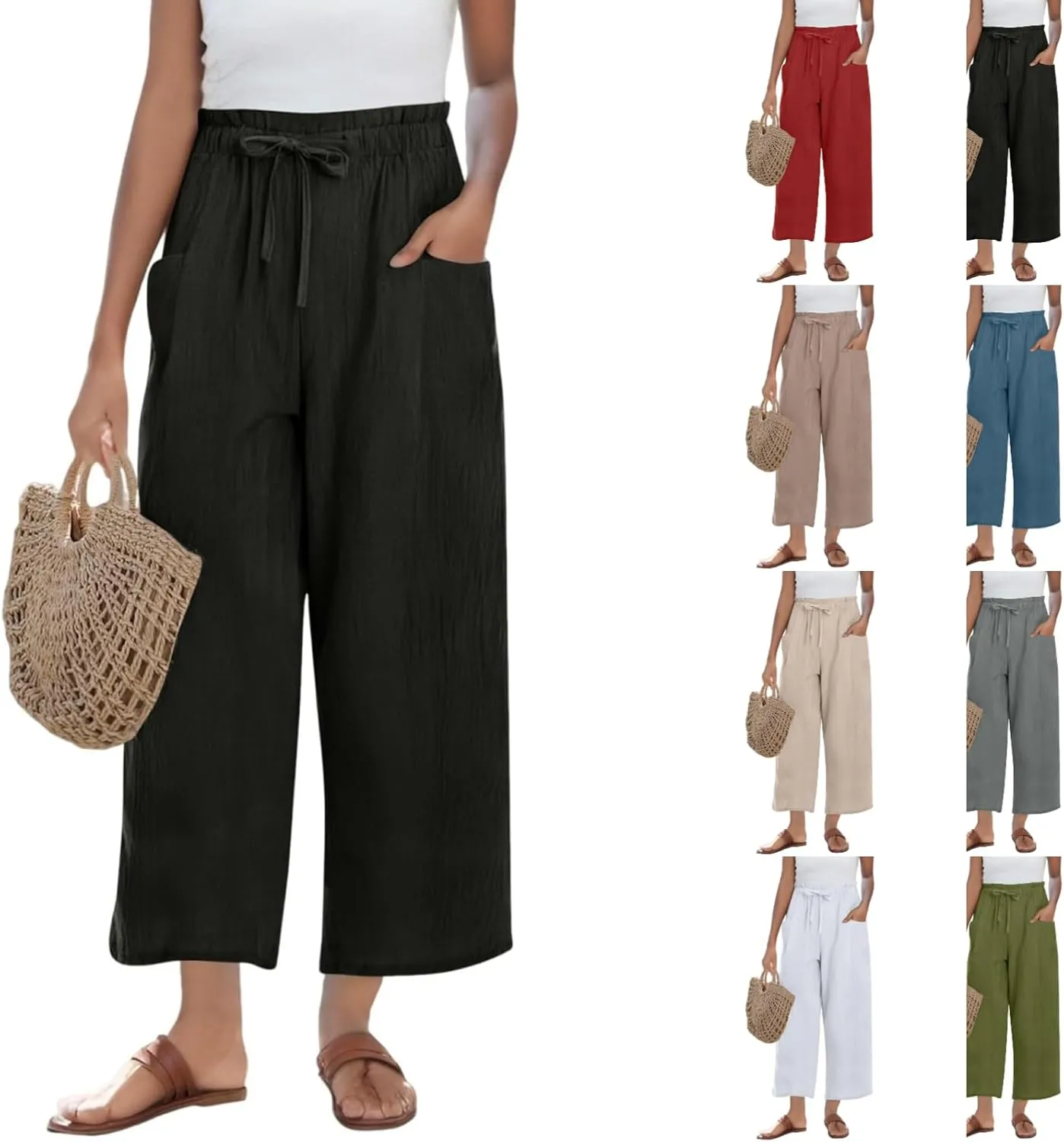 Summer Linen Pants for Women 2025 High Waist Elastic Straight Leg Palazzo Pant Lightweight Flowy Beach Trousers