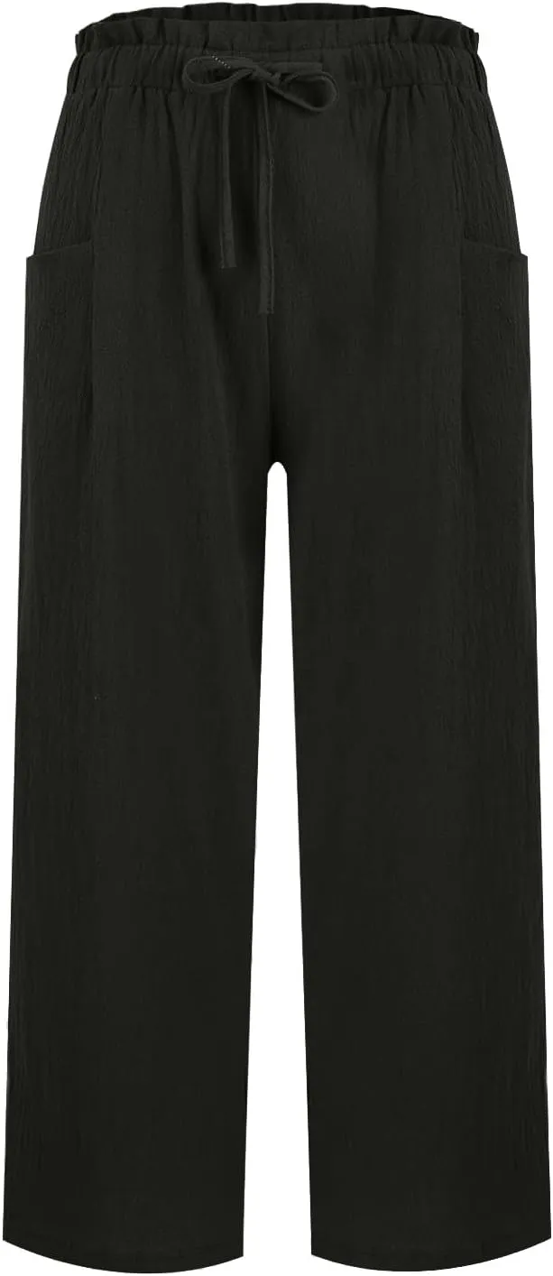Summer Linen Pants for Women 2025 High Waist Elastic Straight Leg Palazzo Pant Lightweight Flowy Beach Trousers