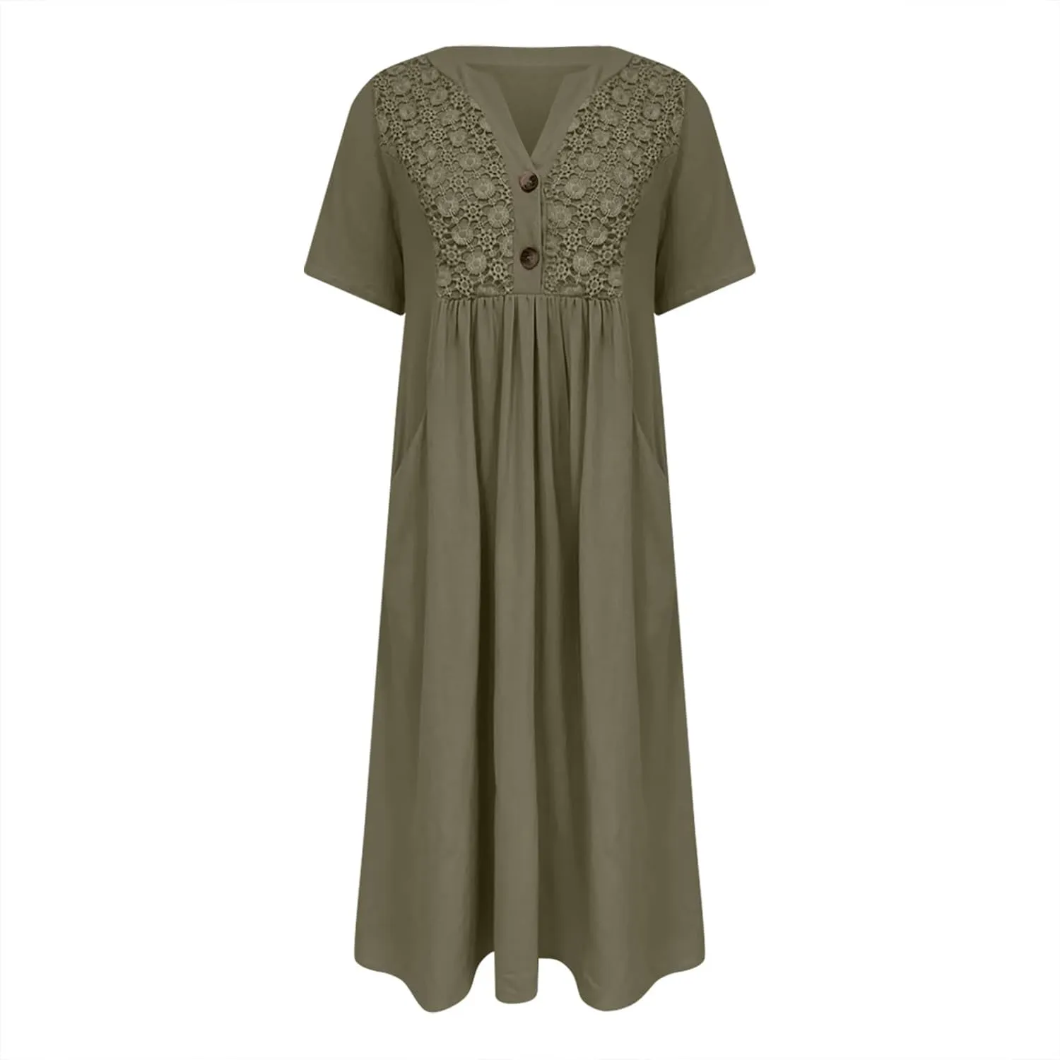 Summer T Shirt Dresses for Women 2024 Trendy V Neck Lace Embroidery Cotton Linen Short Sleeve Flowy Midi Dresses with Pockets