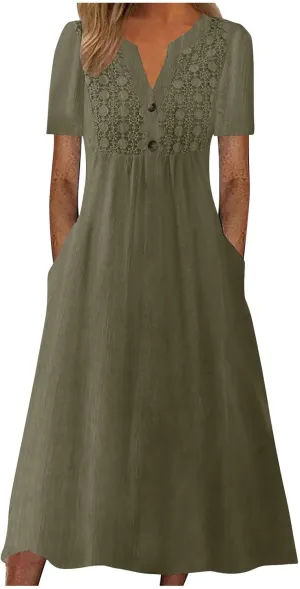 Summer T Shirt Dresses for Women 2024 Trendy V Neck Lace Embroidery Cotton Linen Short Sleeve Flowy Midi Dresses with Pockets