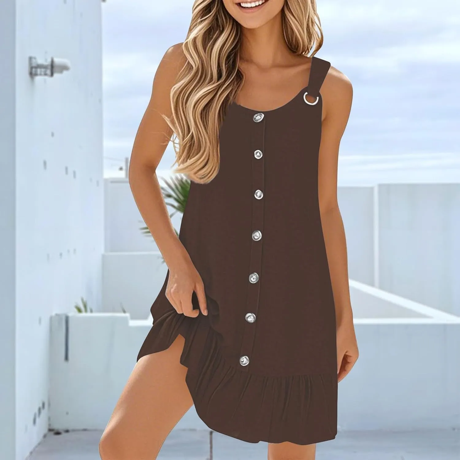 Sundresses for Women Button Down Scoop Neck Sleeveless Tank Dress Mini Ruffle Hem Loose Fit Beach Vacation Dresses