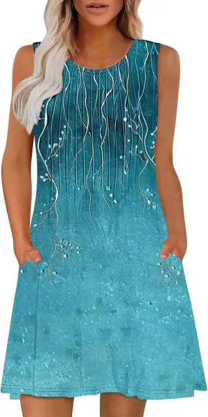Sundresses for Women Casual Sleeveless Floral Ruched Front Dresses A-Line Beach Festival Dress with Pockets