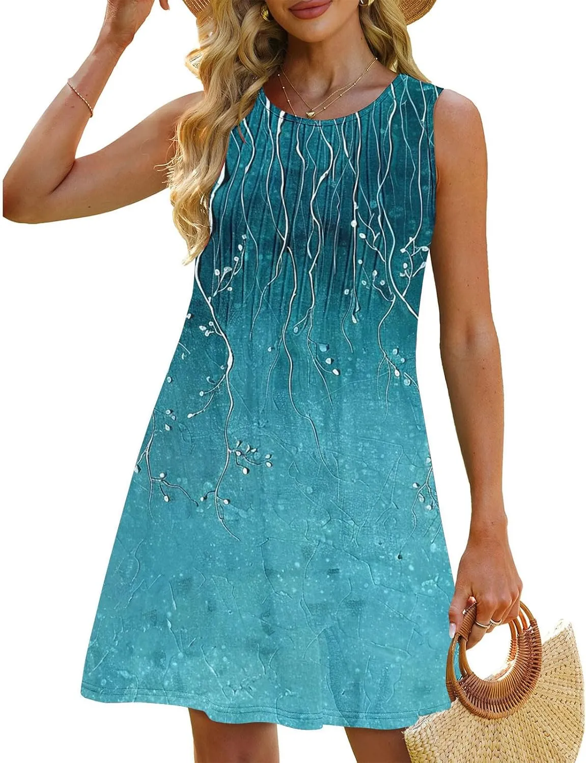 Sundresses for Women Casual Sleeveless Floral Ruched Front Dresses A-Line Beach Festival Dress with Pockets