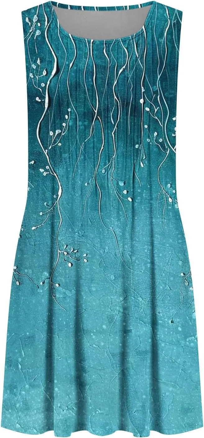 Sundresses for Women Casual Sleeveless Floral Ruched Front Dresses A-Line Beach Festival Dress with Pockets