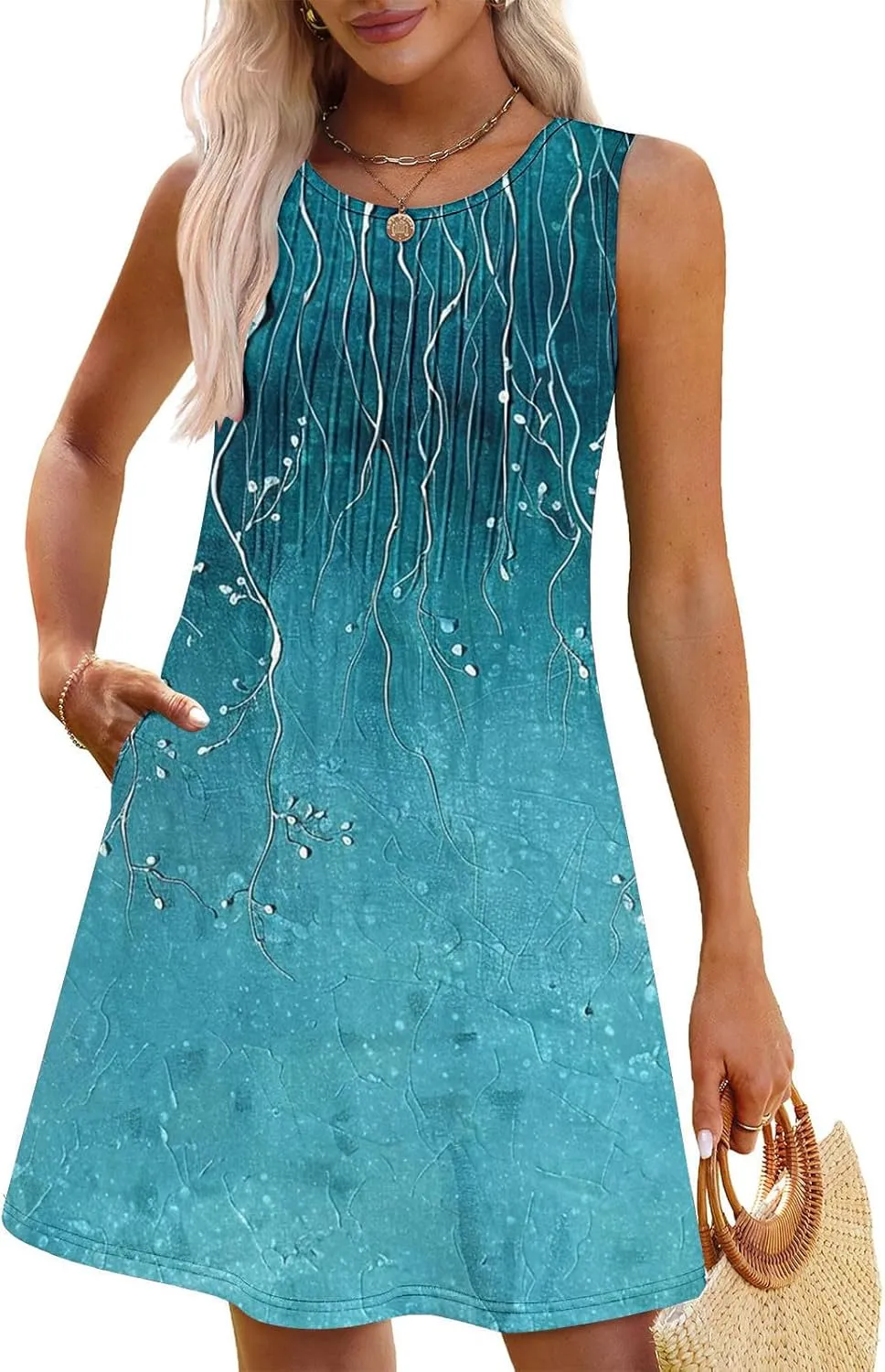 Sundresses for Women Casual Sleeveless Floral Ruched Front Dresses A-Line Beach Festival Dress with Pockets
