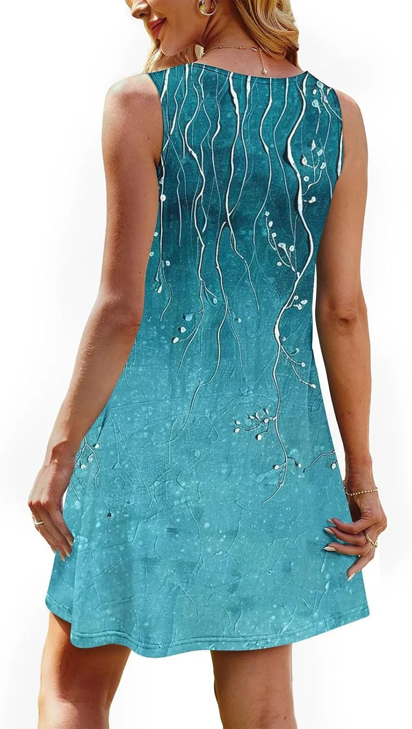 Sundresses for Women Casual Sleeveless Floral Ruched Front Dresses A-Line Beach Festival Dress with Pockets