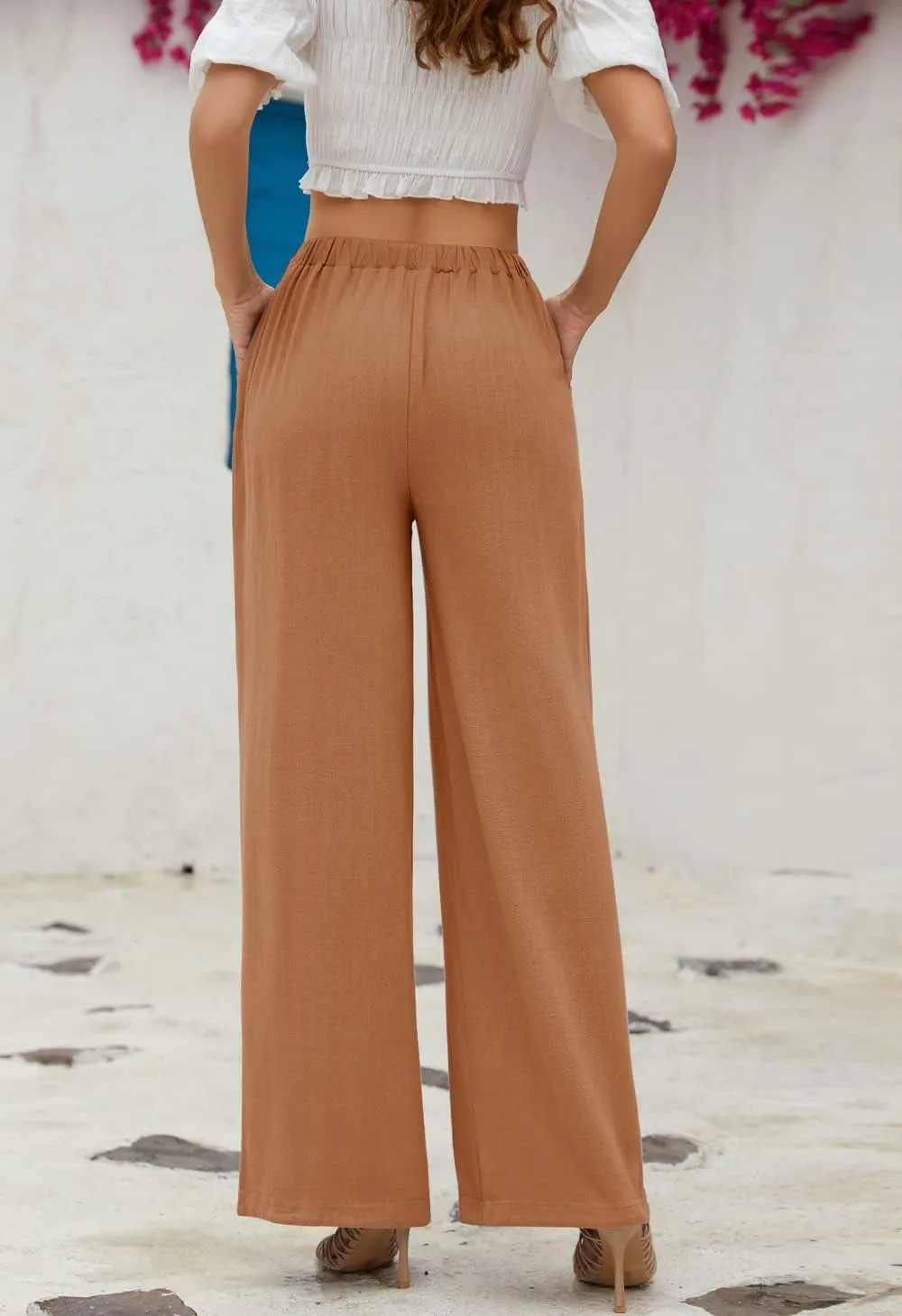 SVALIY Women Flowy Pants Cotton Linen Wide Leg Palazzo Pants Long Lounge Slacks High Waist Button Trousers Pocket