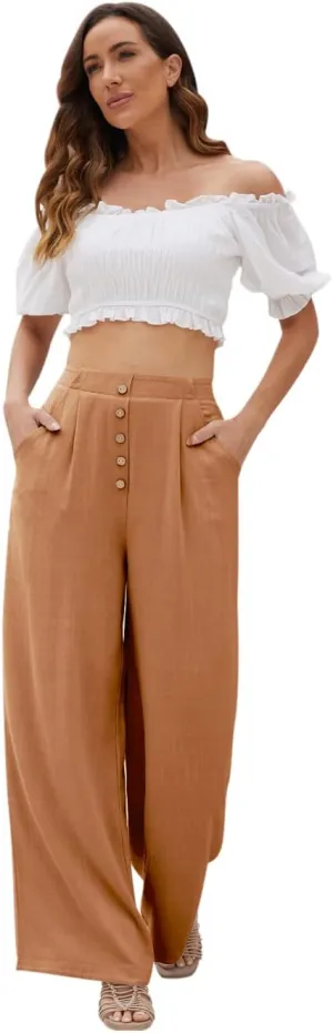 SVALIY Women Flowy Pants Cotton Linen Wide Leg Palazzo Pants Long Lounge Slacks High Waist Button Trousers Pocket