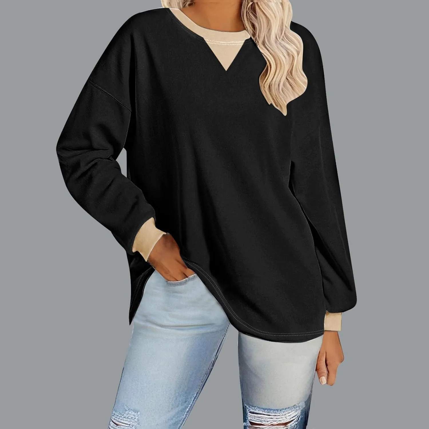 Sweatshirts for Women Oversized Loose Hoodie Long Sleeve Crew Neck Drop Shoulder Pullover Fall Womens Fashion Top
