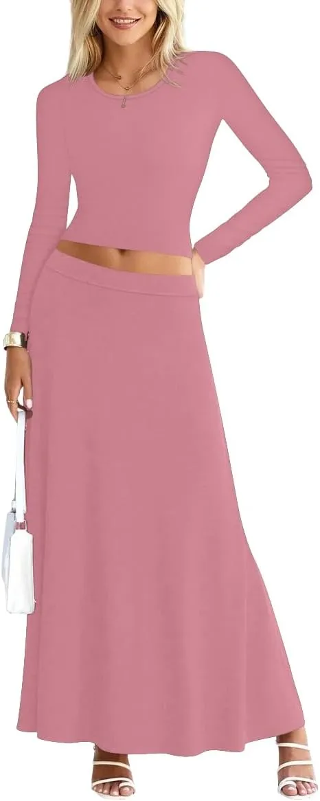 Sweet Hearts 2 Piece Sets for Women- Casual Modal Maxi Skirt Long Sleeve Crop Tops Womens 2 Piece Outfits Fall Made in USA