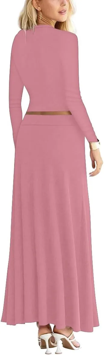 Sweet Hearts 2 Piece Sets for Women- Casual Modal Maxi Skirt Long Sleeve Crop Tops Womens 2 Piece Outfits Fall Made in USA