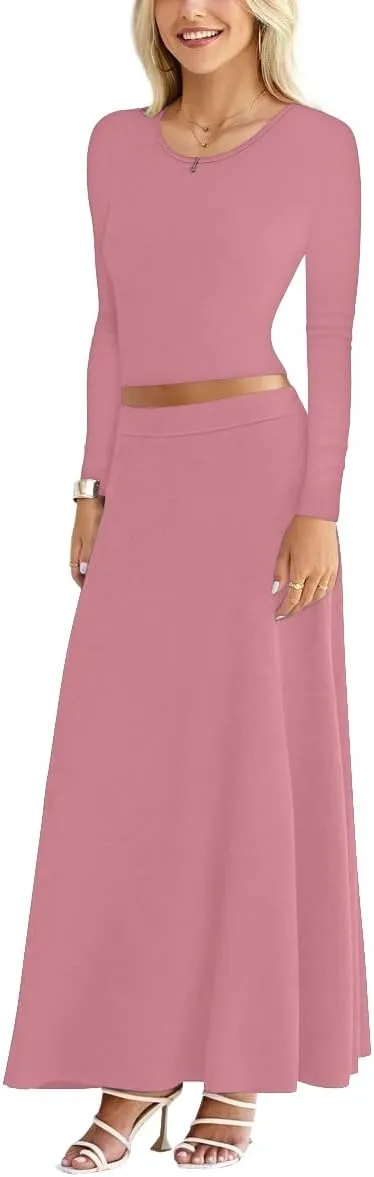 Sweet Hearts 2 Piece Sets for Women- Casual Modal Maxi Skirt Long Sleeve Crop Tops Womens 2 Piece Outfits Fall Made in USA