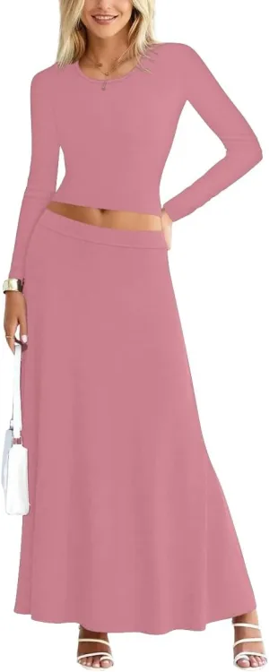 Sweet Hearts 2 Piece Sets for Women- Casual Modal Maxi Skirt Long Sleeve Crop Tops Womens 2 Piece Outfits Fall Made in USA