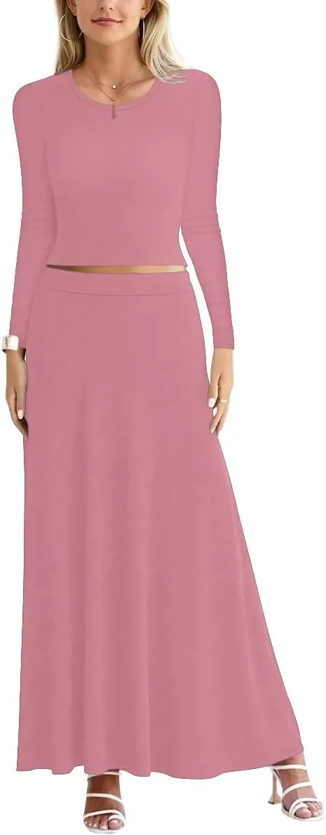 Sweet Hearts 2 Piece Sets for Women- Casual Modal Maxi Skirt Long Sleeve Crop Tops Womens 2 Piece Outfits Fall Made in USA