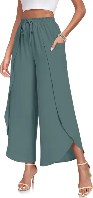 TAOHUADAO Womens Summer Wide Leg Pants with Pockets Side Split High Waisted Palazzo Pants Boho Beach Flowy Trousers