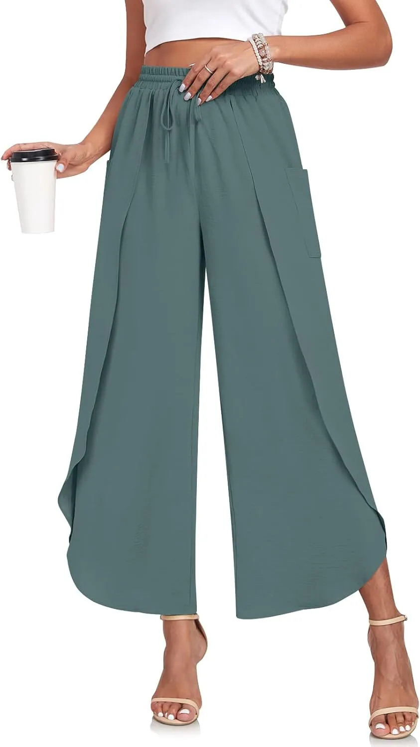 TAOHUADAO Womens Summer Wide Leg Pants with Pockets Side Split High Waisted Palazzo Pants Boho Beach Flowy Trousers