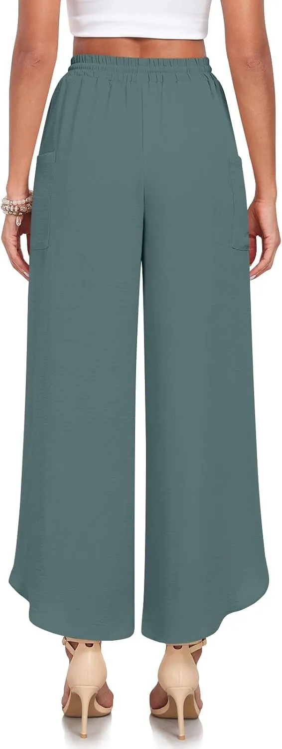 TAOHUADAO Womens Summer Wide Leg Pants with Pockets Side Split High Waisted Palazzo Pants Boho Beach Flowy Trousers