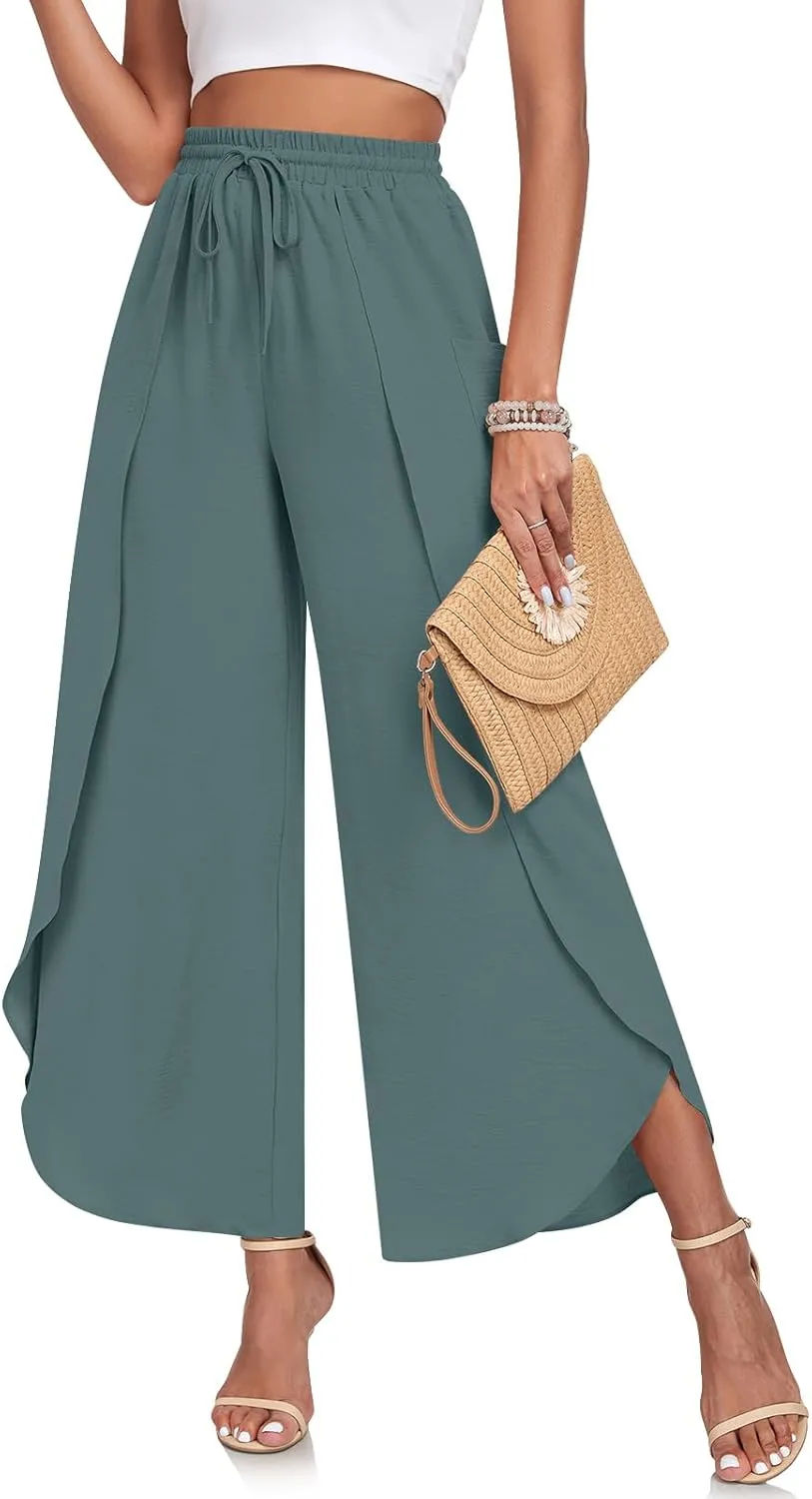 TAOHUADAO Womens Summer Wide Leg Pants with Pockets Side Split High Waisted Palazzo Pants Boho Beach Flowy Trousers