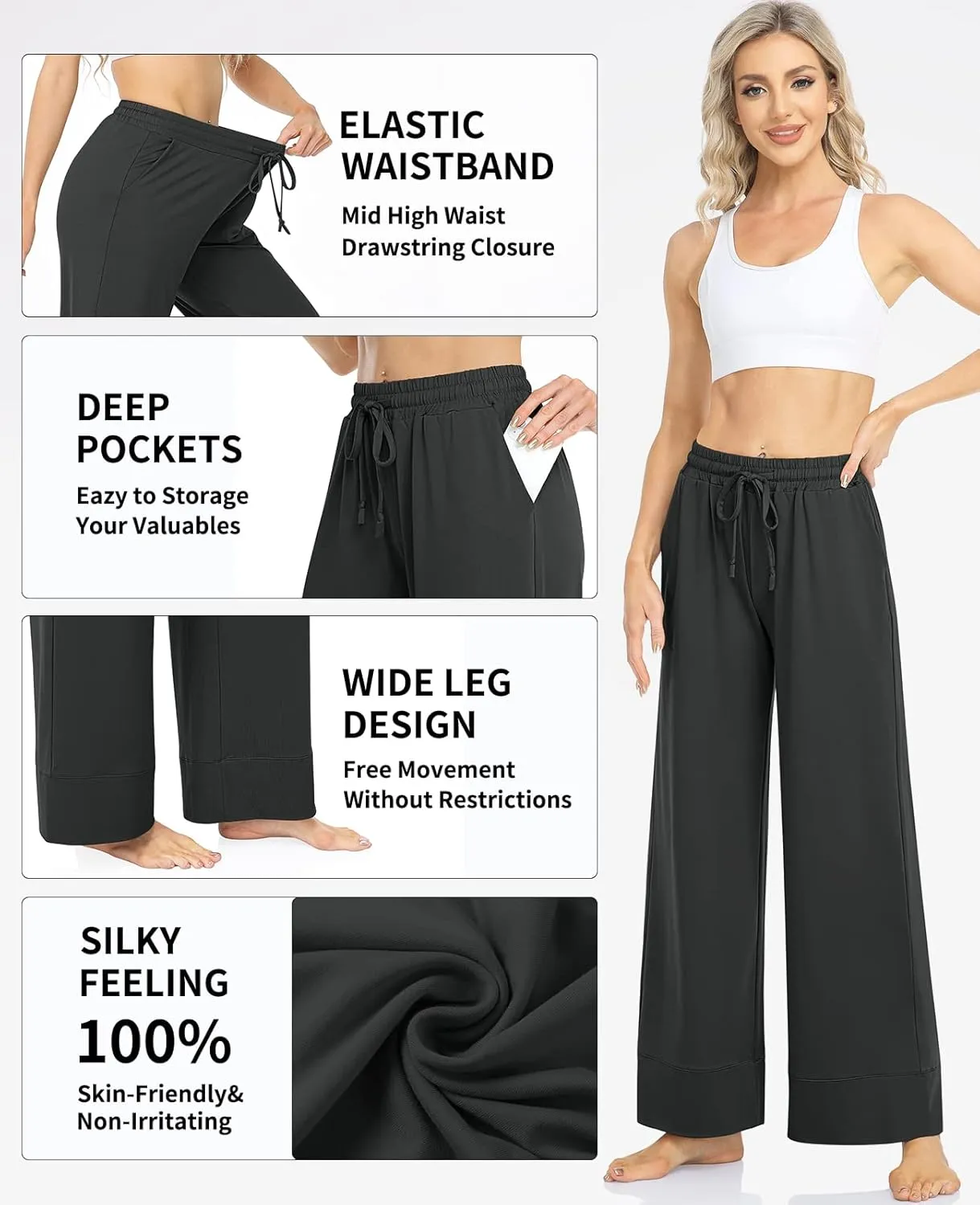 TARSE Wide Leg Yoga Pants for Women Plus Size Palazzo Trousers High Waist Lounge Pajamas Pants Casual Sweatpants with Pockets