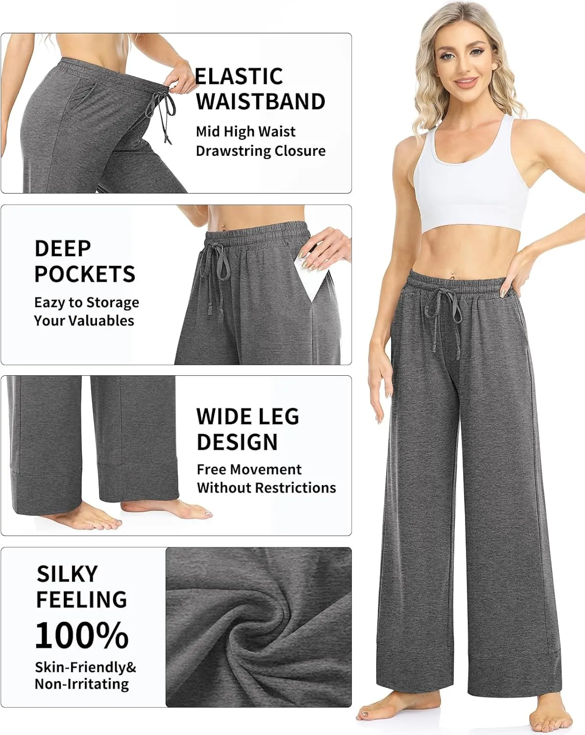 TARSE Wide Leg Yoga Pants for Women Plus Size Palazzo Trousers High Waist Lounge Pajamas Pants Casual Sweatpants with Pockets
