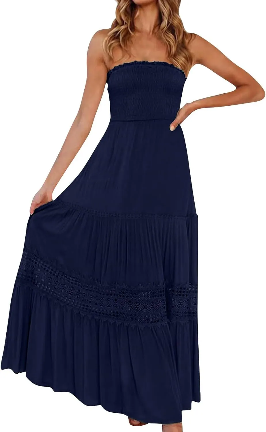 Tube Top Dress for Women 2025 Summer Solid Strapless Maxi Dresses Sexy Off Shoulder Smocked Flowy Beach Sundresses