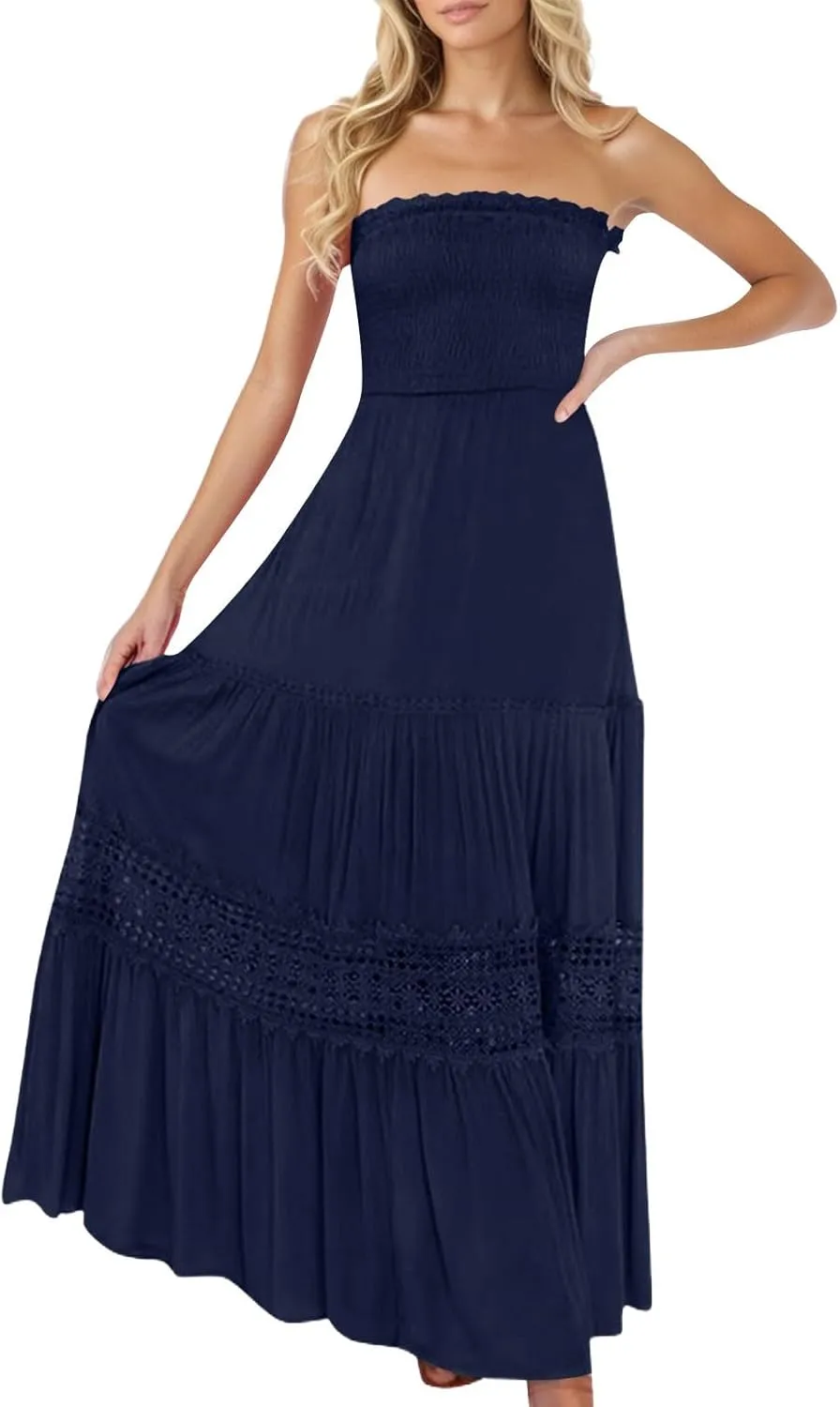 Tube Top Dress for Women 2025 Summer Solid Strapless Maxi Dresses Sexy Off Shoulder Smocked Flowy Beach Sundresses