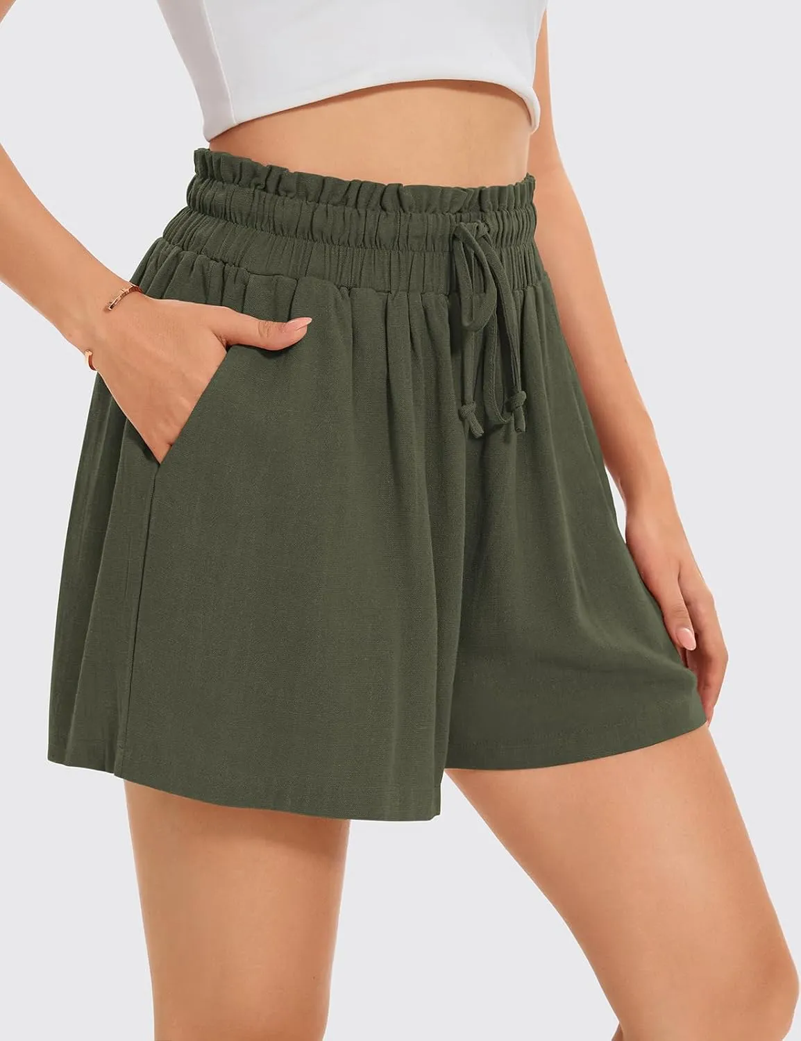 UEU Womens Linen Pants Summer Wide Leg Casual Loose High Waist Drawstring Palazzo Capri with Pockets- 25" / 20" / 3" Inseam