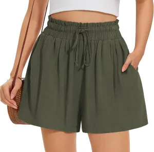 UEU Womens Linen Pants Summer Wide Leg Casual Loose High Waist Drawstring Palazzo Capri with Pockets- 25" / 20" / 3" Inseam