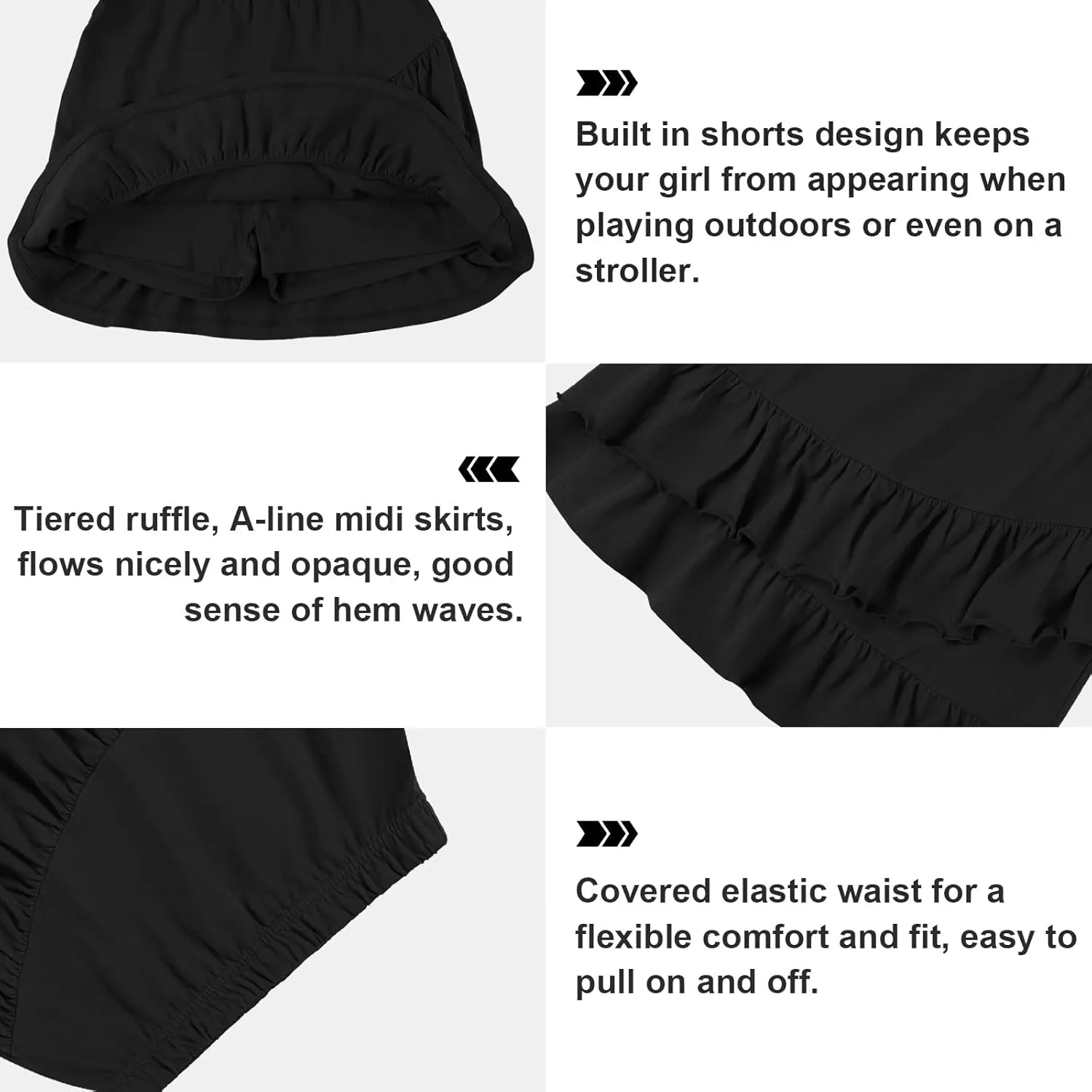 UNACOO 2 Packs 100% Cotton Tiered Ruffle Skirt with Elastic Waistband for Girls