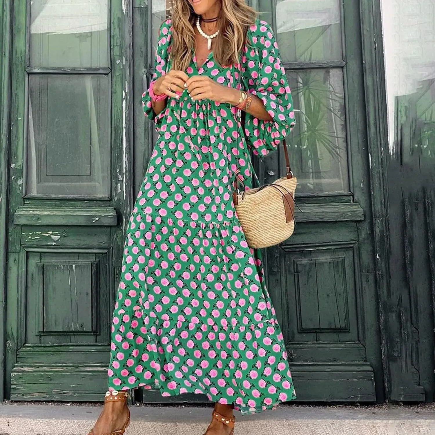 uSecee Boho Dresses for Women 2024 Casual Loose Bohemian Floral Dress Summer Beach Dress A Line Swing Flowy Long Maxi Dress