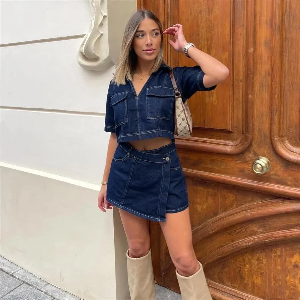 utcoco Women's Denim 2 Piece Outfits Casual Short Sleeve Crop Tops and Mini Skirt Set Tracksuit 2025