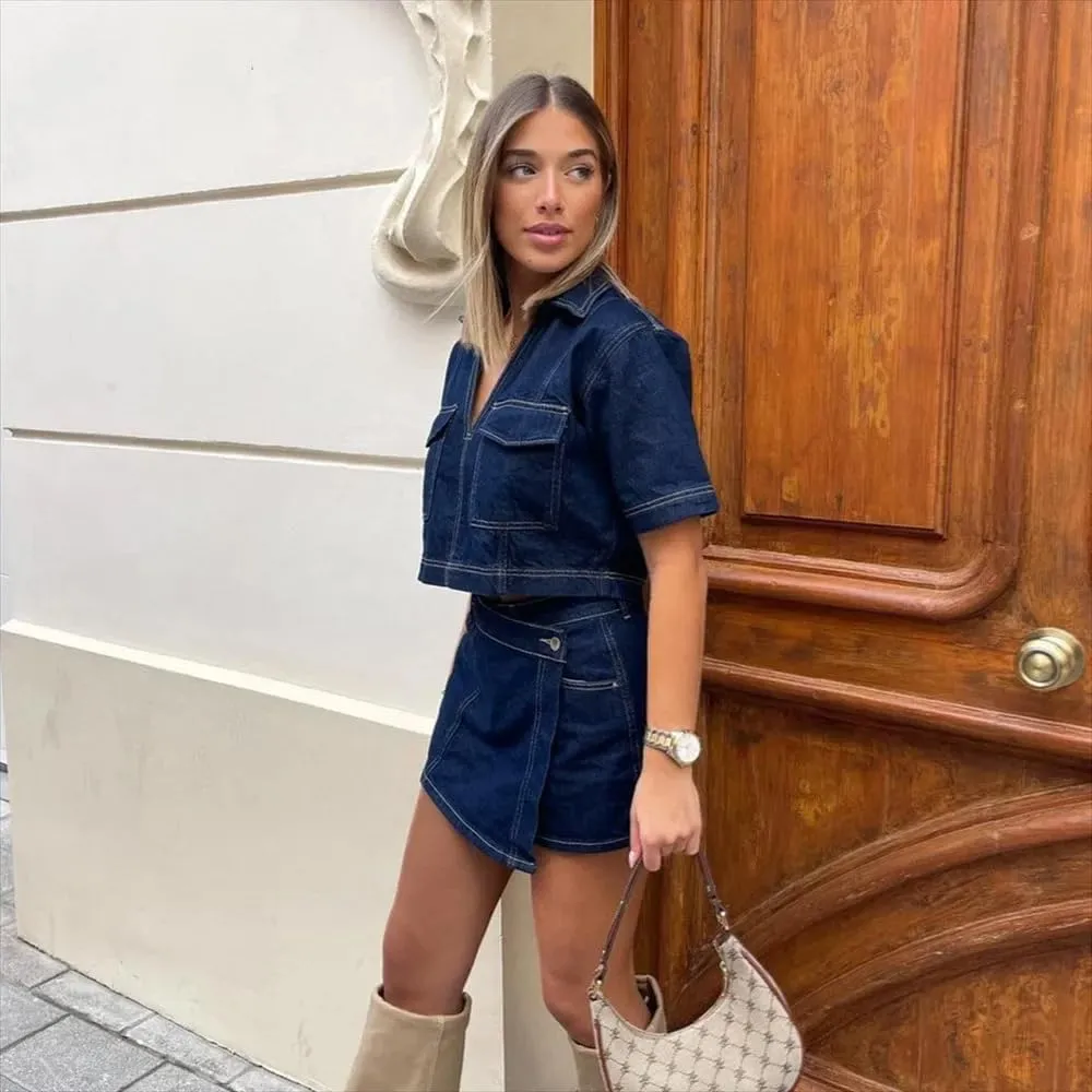 utcoco Women's Denim 2 Piece Outfits Casual Short Sleeve Crop Tops and Mini Skirt Set Tracksuit 2025