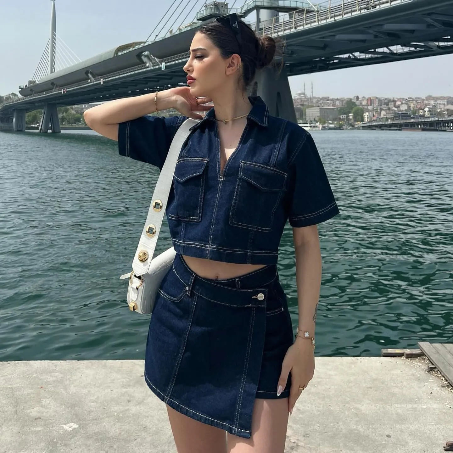 utcoco Women's Denim 2 Piece Outfits Casual Short Sleeve Crop Tops and Mini Skirt Set Tracksuit 2025