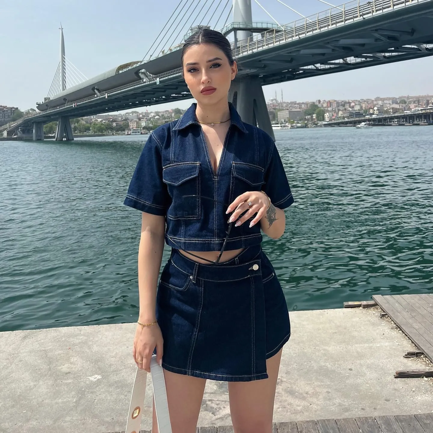 utcoco Women's Denim 2 Piece Outfits Casual Short Sleeve Crop Tops and Mini Skirt Set Tracksuit 2025