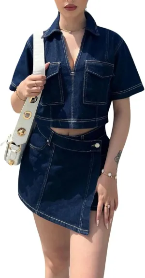 utcoco Women's Denim 2 Piece Outfits Casual Short Sleeve Crop Tops and Mini Skirt Set Tracksuit 2025