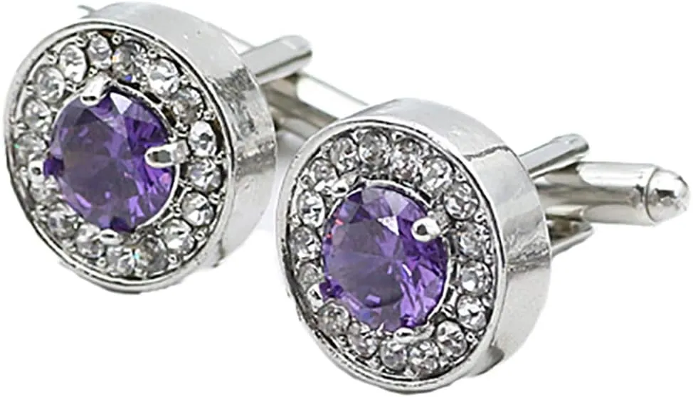 V & L Round Purple Crystal Cuff links Silver  Fancy Unique Elegant Sparkling Luxury Gem Stone Cufflinks for men Round - Perfect for Wedding, Formal, Suits, Business and Groom Cufflink