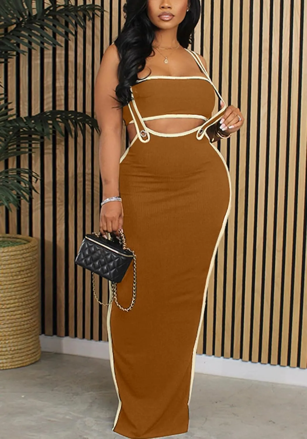 Vakkest Women's Sexy 2 Piece Outfits Colorblock Sleeveless Tube Top and Bodycon Long Straps Maxi Skirt Set Y2k Summer Dress