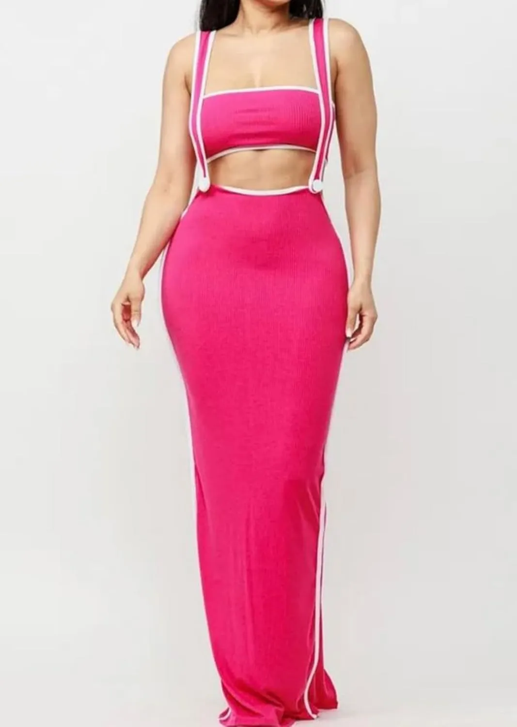Vakkest Women's Sexy 2 Piece Outfits Colorblock Sleeveless Tube Top and Bodycon Long Straps Maxi Skirt Set Y2k Summer Dress