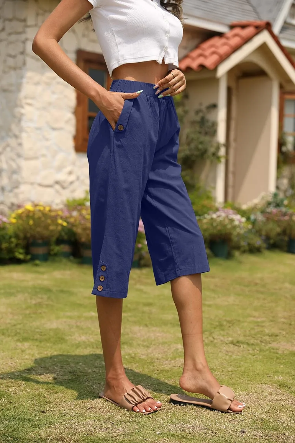 Veatzaer Women's Elastic Waist 3/4 Capri Harem Pants with Pockets Casual Loose Solid Yoga Trousers S-XXL