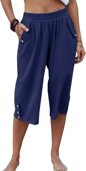 Veatzaer Women's Elastic Waist 3/4 Capri Harem Pants with Pockets Casual Loose Solid Yoga Trousers S-XXL