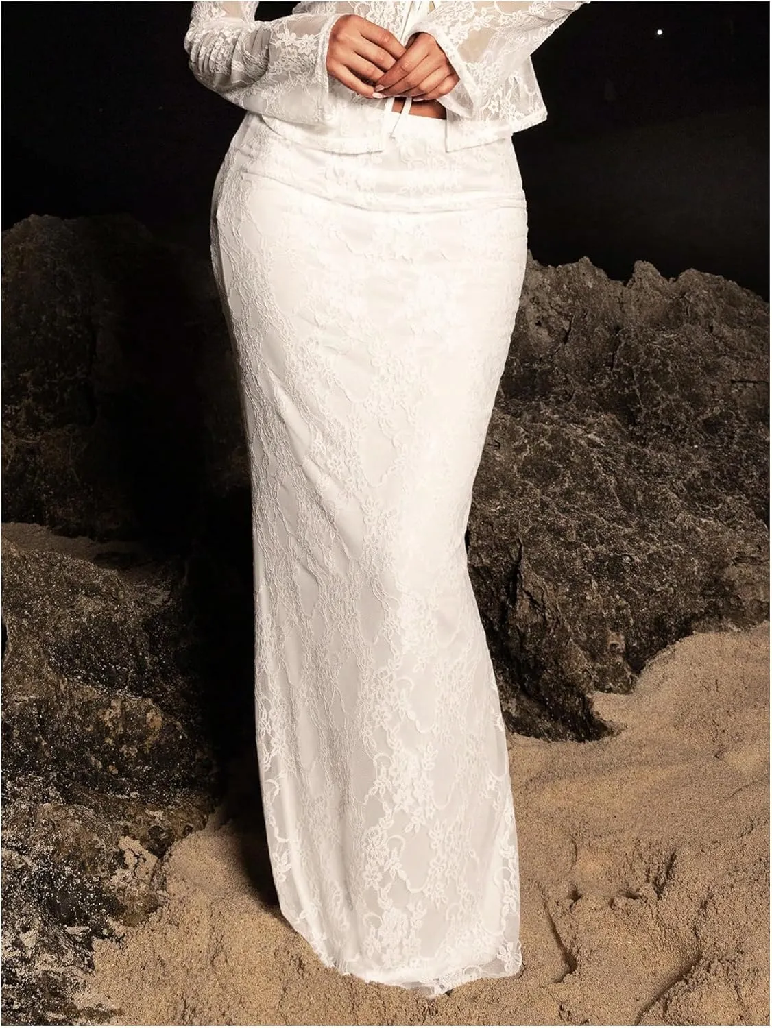 Verdusa Women's Floral Lace Fishtail Bodycon Skirt Fairycore Low Rise Maxi Skirts