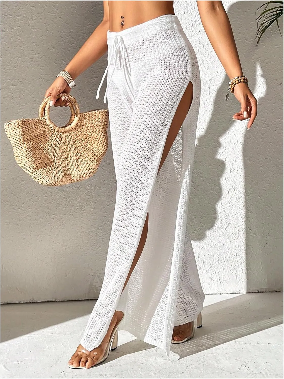 Verdusa Women's Swimsuit Sheer Crochet Cover Up High Split Drawstring Bikini Long Pants