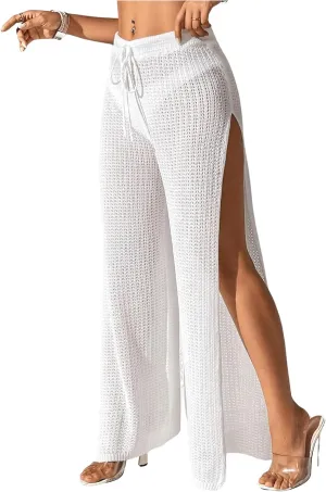 Verdusa Women's Swimsuit Sheer Crochet Cover Up High Split Drawstring Bikini Long Pants