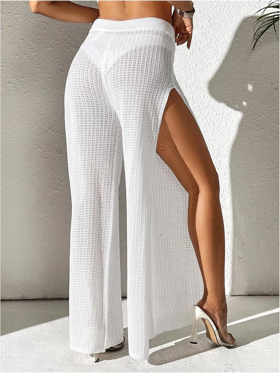 Verdusa Women's Swimsuit Sheer Crochet Cover Up High Split Drawstring Bikini Long Pants
