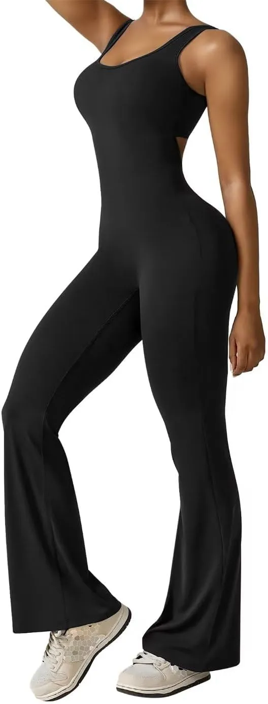 Vertvie Sleeveless Flare Jumpsuits for Women Sexy Backless Bodycon V Back Scrunch Butt Yoga Rompers Seamless Workout Bodysuit
