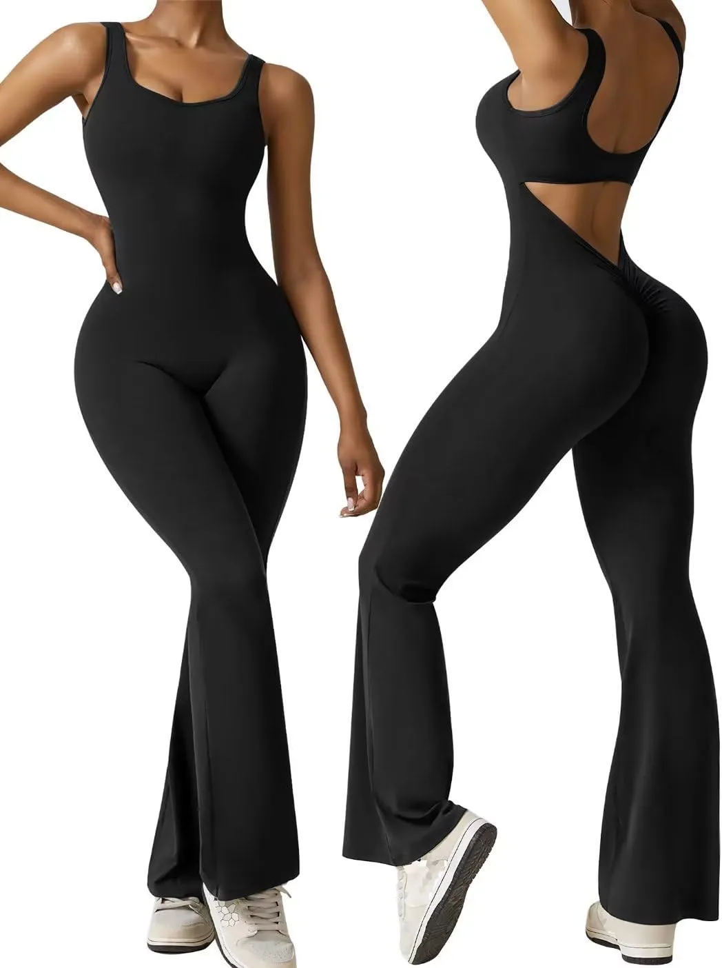 Vertvie Sleeveless Flare Jumpsuits for Women Sexy Backless Bodycon V Back Scrunch Butt Yoga Rompers Seamless Workout Bodysuit