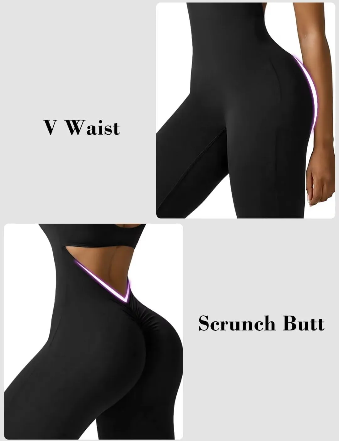 Vertvie Sleeveless Flare Jumpsuits for Women Sexy Backless Bodycon V Back Scrunch Butt Yoga Rompers Seamless Workout Bodysuit